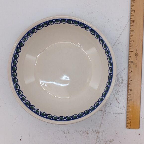 Boleslawiec Polish Pottery Blue Lattice With Green Dot Round Bowl 10.5" x 2.25" - Picture 12 of 12